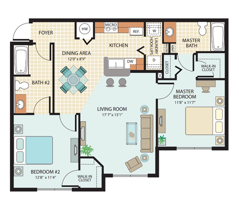 Floor plan for 2 beds, 2 baths, 974 sqft
